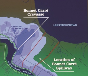 Map showing the Bonnet Carre Crevasse being near the current location of the Bonnet Carre Spillway.