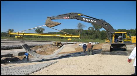 Placement of concrete mats on a levee.