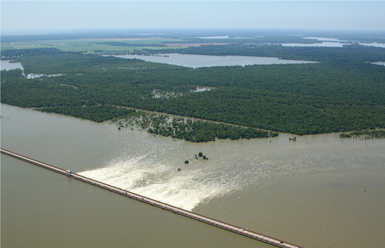 Morganza Spillway in operation during the 2011 flood. Morganza Spillway in operation during the 2011 flood.